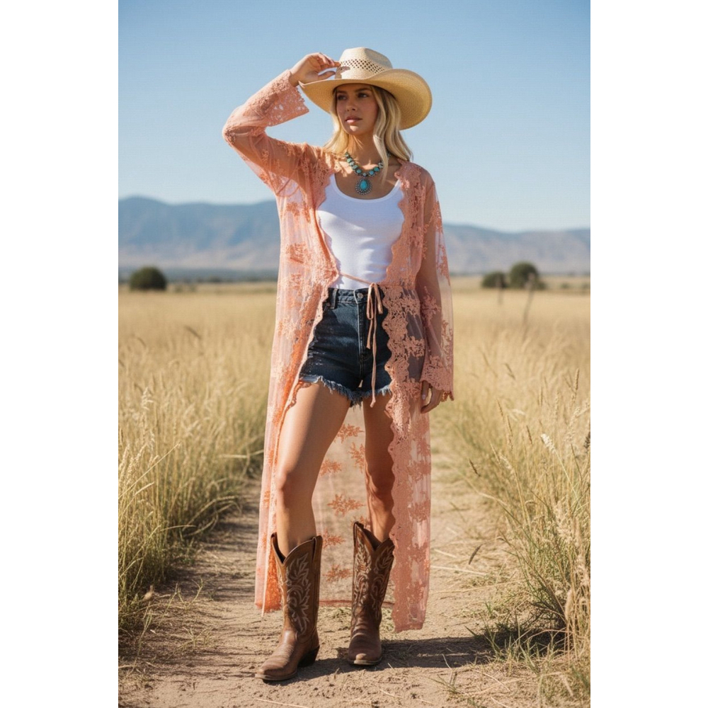 En Crème| Boho Mesh Embroidered Coral Lace Duster| nWt